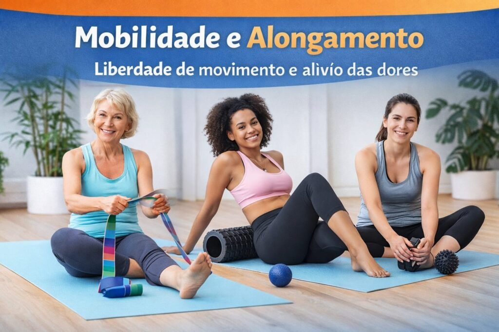 Mulheres de diferentes idades praticando exercícios de mobilidade e alongamento em casa usando faixa elástica, foam roller e bola de massagem para melhorar flexibilidade, aliviar dores musculares e aumentar a mobilidade após os 40 e 50 anos.